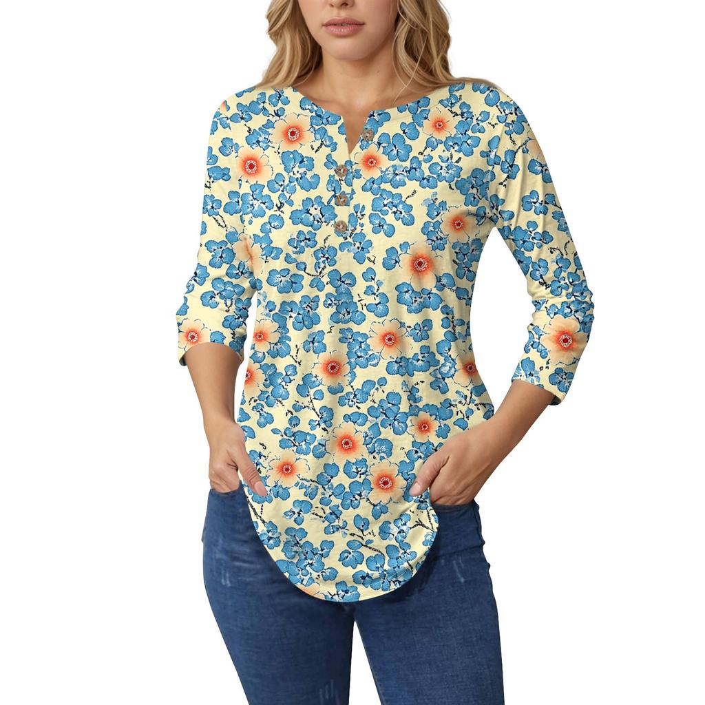 3/4 Length Sleeve Womens Tops Summer T-Shirts Floral Print V Neck Casual Basic Tee Button Shirts Tunic Tops