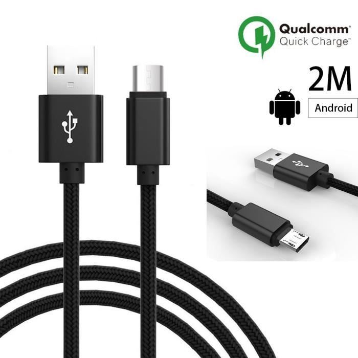 Câble de charge Micro USB - E.F.CONNECTION - pour Samsung Galaxy - 2M - Nylon Noir - Compatible Android
