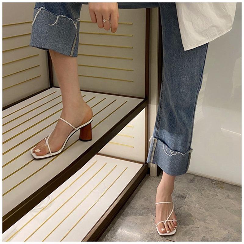 Summer Square Heel Shoes Square Toe Sandals Ladies Thick Heels Mid-heels Sexy Solid Color Slippers Sandals Zapatos De Mujer