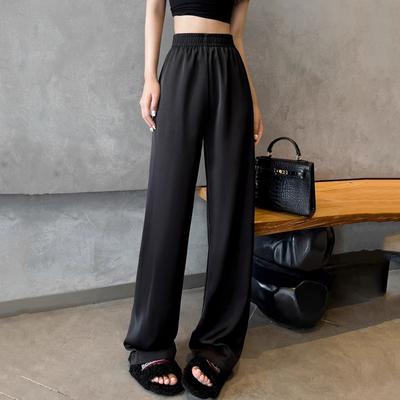 Черные брюки-палаццо из сатинового ледяного шелка с уксусной кислотой для женщин на лето с высокой посадкой, драпирующиеся, свободные, повседневной текстуры, в китайском стиле, крутые брюки