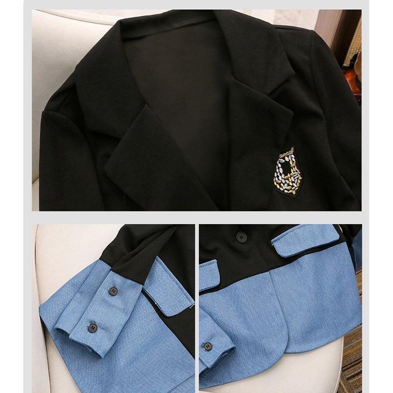 Ковбойский сращивающийся блейзер женский повседневный свободный лоскутный джинсовый большой размер пальто поло воротник длинный рукав куртка новая мода осень