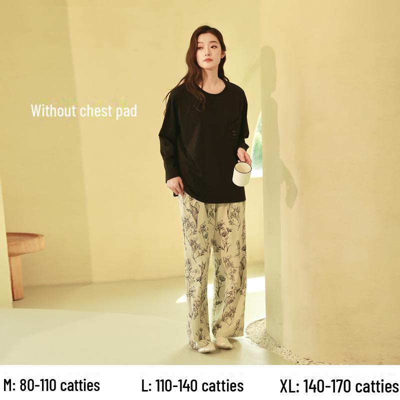 Женский пижамный комплект из чистого хлопка с длинными рукавами и нагрудными накладками — большой размер, весна/осень 2025 г.