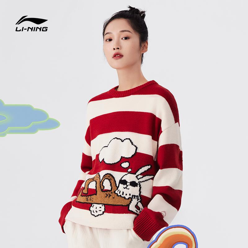 Li-Ning Полосатый свитер с длинными рукавами и рисунком кролика цвета интарсии, топы унисекс, красный AMBT009-1