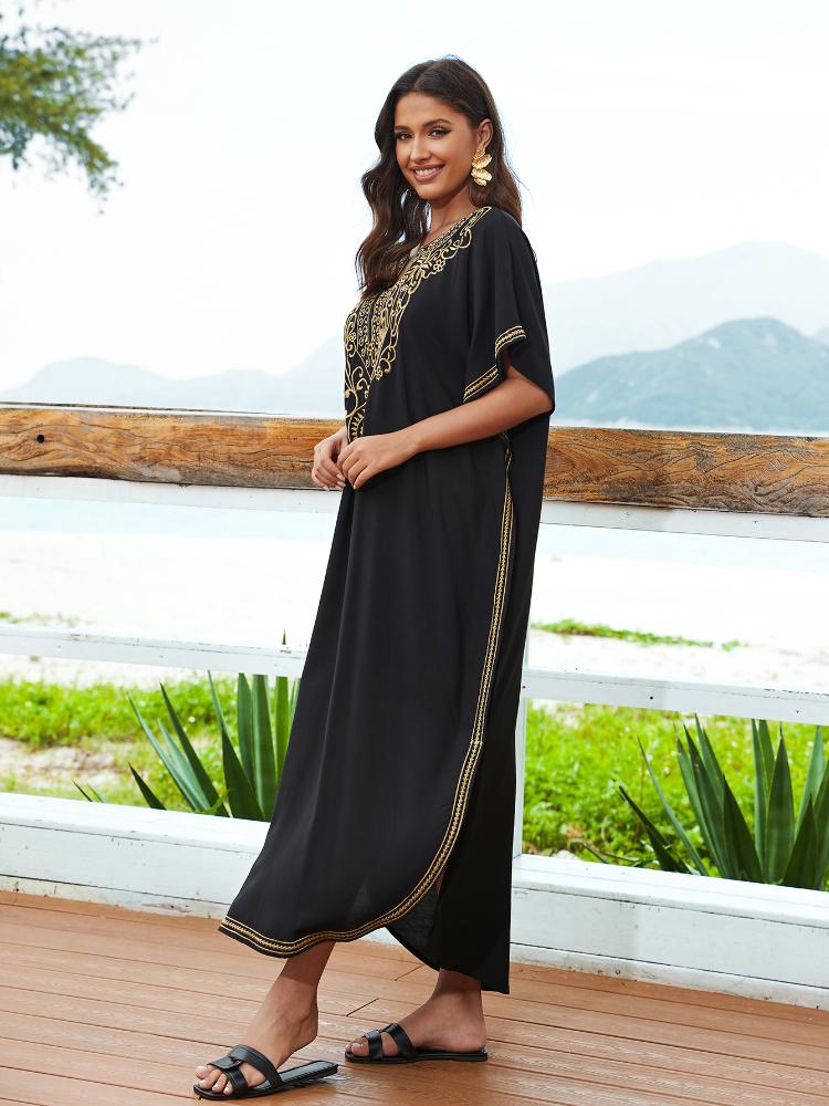 EDOLYNSA Черный кафтан с вышивкой больших размеров, летнее длинное пляжное платье, женская домашняя одежда, купальный костюм, свободный кафтан
