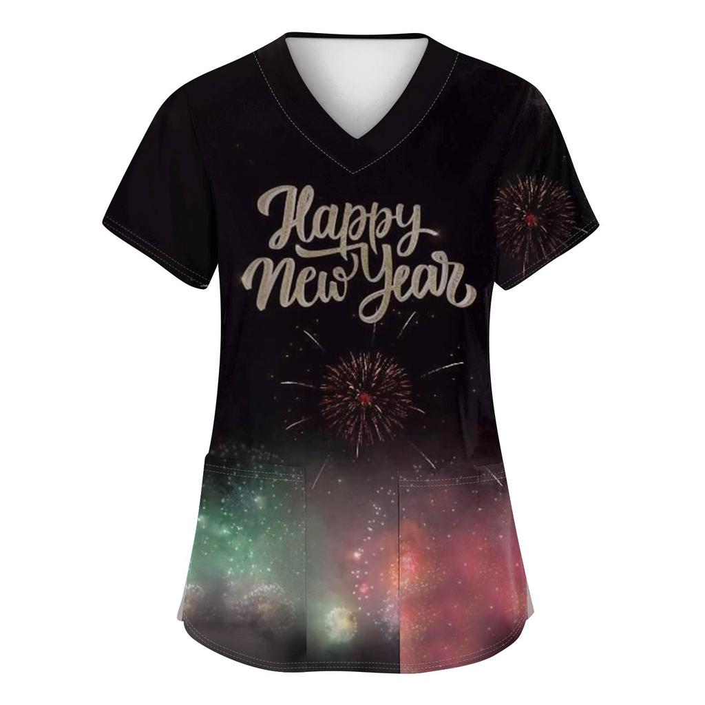 Женские модные топы с короткими рукавами и V-образным вырезом с принтом, рабочие футболки с карманами