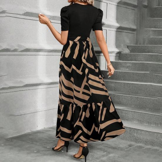 Летнее платье с круглым вырезом, коротким рукавом, высокой талией, длинное платье с принтом листьев и струящимся подолом, повседневная одежда