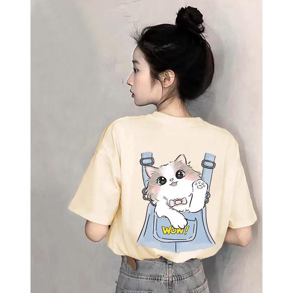 Loose casual daily versatile cartoon pattern shoulder strap with cat print short sleeved T-shirt