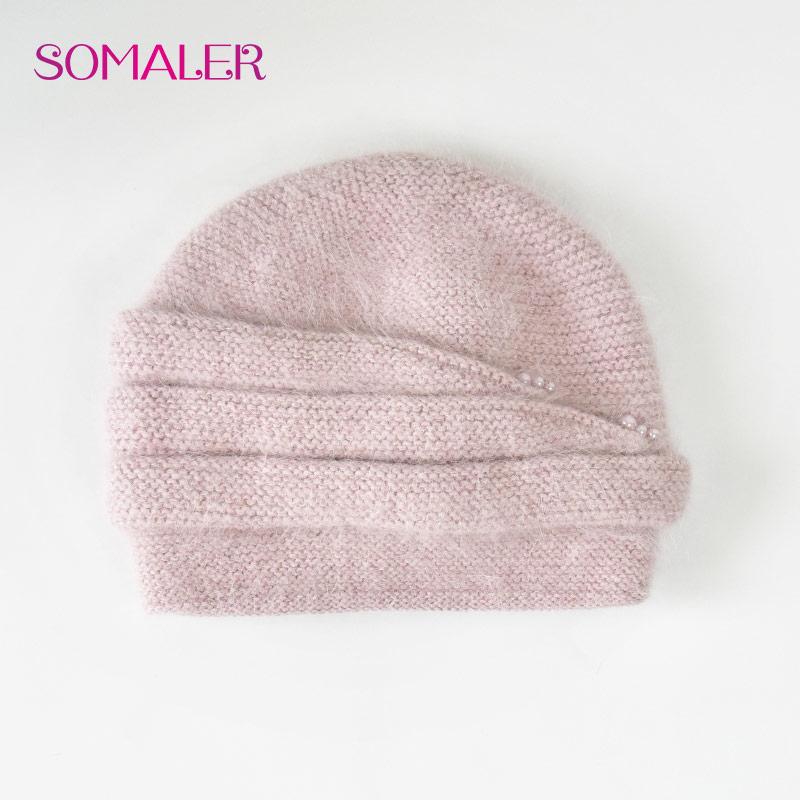 SOMALER Зимняя вязаная шапка из ангорской шерсти для пожилых женщин. Женские элегантные вязаные шапки. Толстые теплые шапки из кашемировой шерсти с искусственным жемчугом.