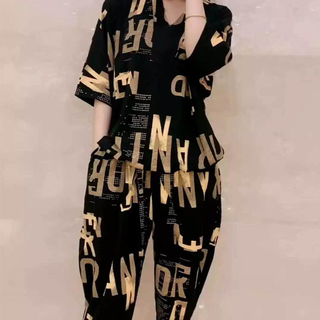 GMXIA Plus-size Women's Wear Chubby Girls' Set for Summer Is Stylish, Loose and Casual. Haren Skinny Pants Two-piece Set