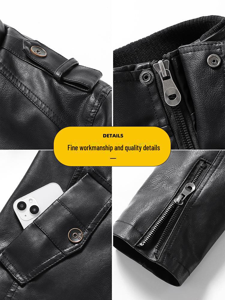 2024 Европейская и американская куртка-стойка из стираной искусственной кожи для мужчин с бархатной подкладкой