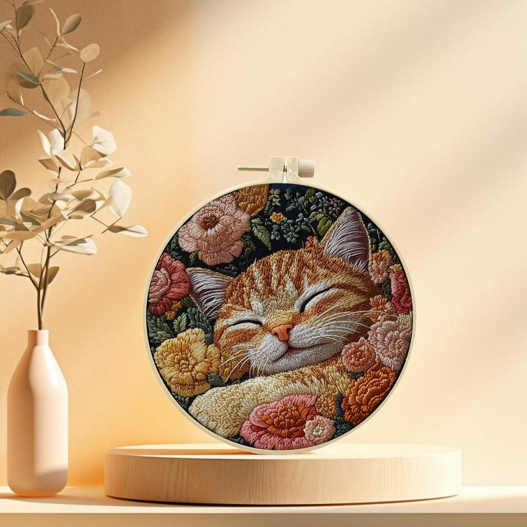 IUHUI Embroidery Kit for Advanced Adults Cute Cat Country I Pattern DIY Hand Stitch Embroidery Set with Hoop Cat - (Small Flower)