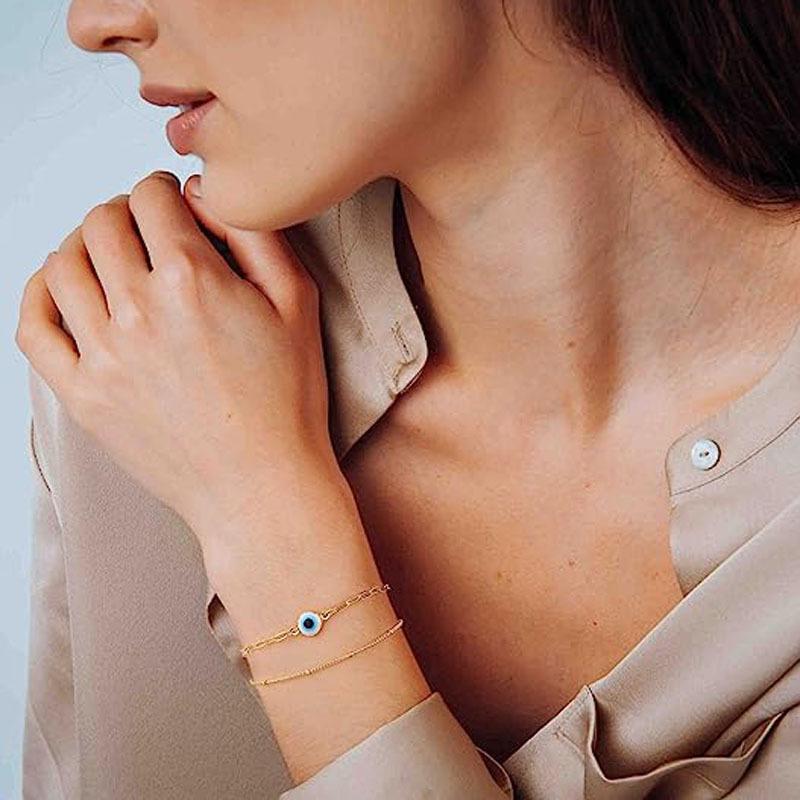 Handmade Good Luck Stainless Steel Fashion Turkish Evil Eye Gold Color Bracelet Chain For Women Men Jewelry Party Gift