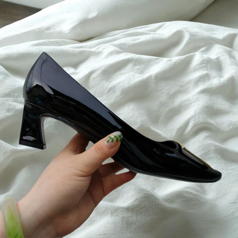 Lady Ww Classic Rv Square Buckle Small Square Head Shallow Mouth High Heels Women's Autumn and Winter New Thick Heel Flat Bottom Commuter Shoes