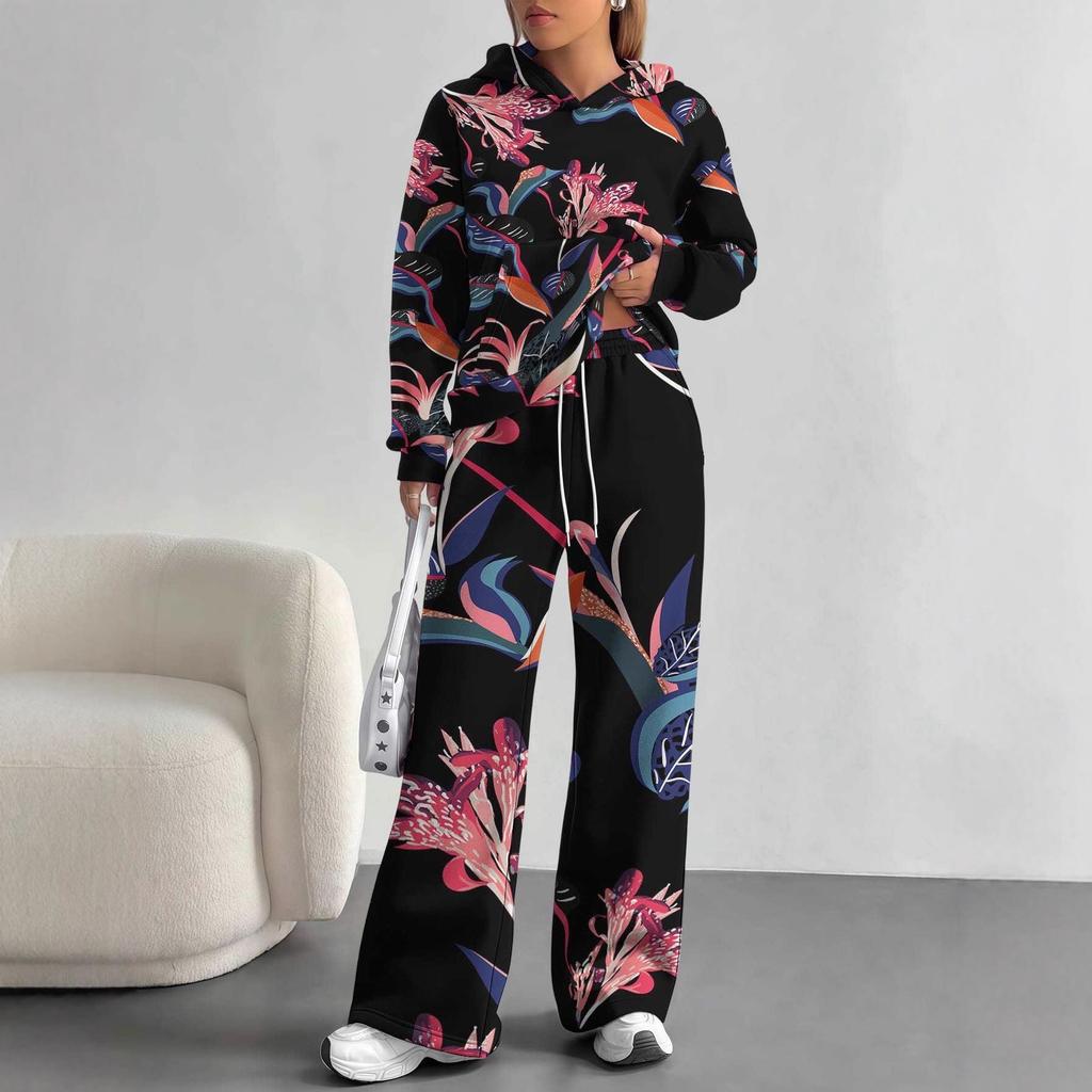 Europe, America autumn and winter 1116 casual retro flower long-sleeved suit women's hooded sweater trousers two-piece set