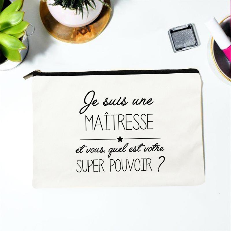 Teacher Superpower French Letter Print Women Cosmetic Bag Canvas Zipper Makeup Pouch Purse Organizer Pencil Bags Toiletry Bag