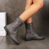 Women's Boots Round Toe Womens Mid Calf Boots Retro Zip Motorcycle Boots Low Heel Women Shoes Botas Mujer Large Size 36-43