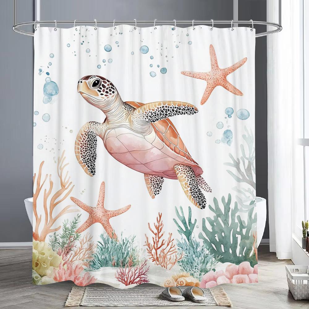 Marineland Sea Turtle Fun Shower Curtain For Beach Theme Bathroom Decorative Shower Curtain, Waterproof Shower Curtain With Hook