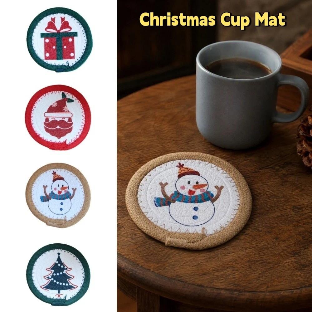 Heat Resistant Christmas Cup Mat Woven Cotton Rope Insulated Mat Snowman Pot Table Mat Home Decor