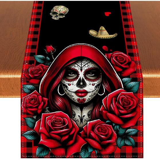 Day of The Dead Table Runner Dia De Los Muertos Tablecloth Sugar Skull Roses Mexican Fiesta Halloween Party Decoration and Supplies for Home Kitchen