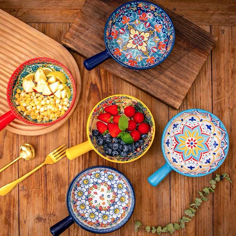 Bohemian Ceramic Handle Bowl, Home Creative Fruit Salad Bowl, Instant Noodle Bowl With Handle, Oven Baking Bowl, Heat-Resistant