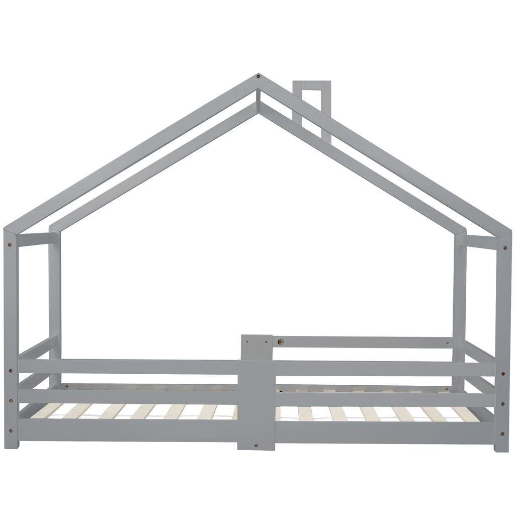 Children's Bed House Bed with Chimney Fall Protection Sturdy Slatted Frames Pine Wood House Bed for Kids, 90 x 200 cm without Mattress, Grey