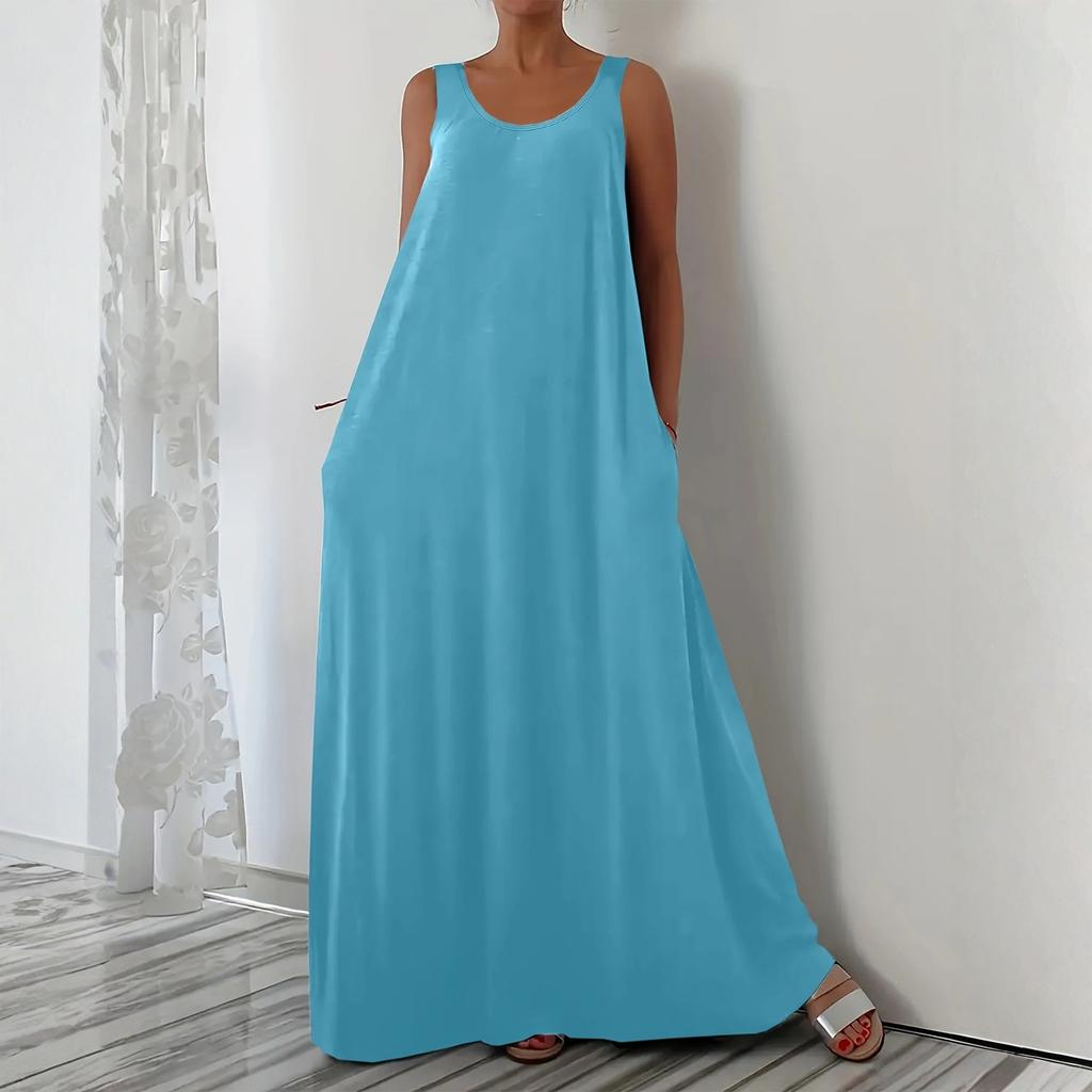 Женское модное однотонное платье с V-образным вырезом, без рукавов, повседневное, свободного кроя, пуловер, длинное