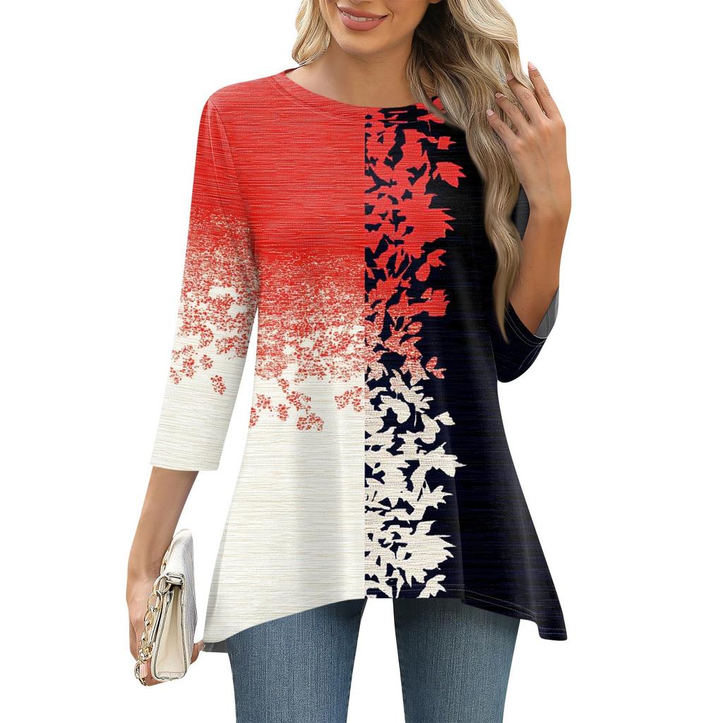 3/4 рукав туника топы для женщин принтованный повседневный выходной свободный крой модная базовая футболка с круглым вырезом