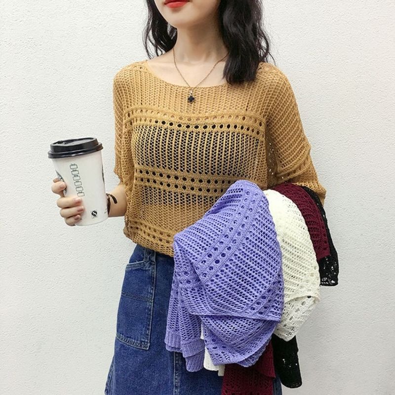 Female Hoodie Leisure, Elegant, Sexy Spring Hollow Round Neck Short Sleeve Knitted Top Summer Short-sleeved Hollowed Out Knit Shirt
