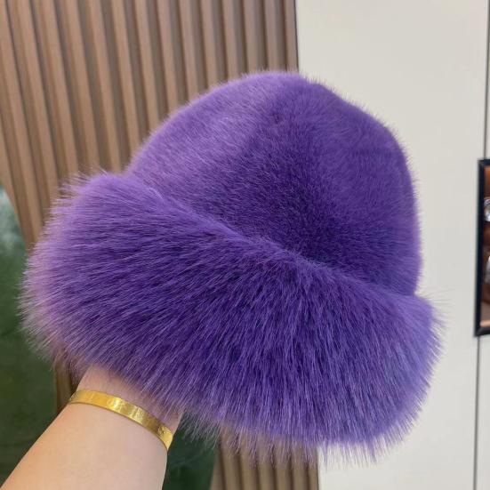 Women Winter Hat Thick Plush Faux Fur Heat Retention Windproof Mongolia Style Bucket Hat Solid Color Outdoor Cycling Skiing Panama Cap