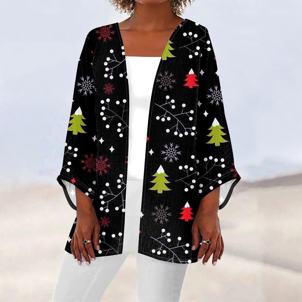 Женская повседневная мода с рождественским принтом легкая куртка средней длины кардиган