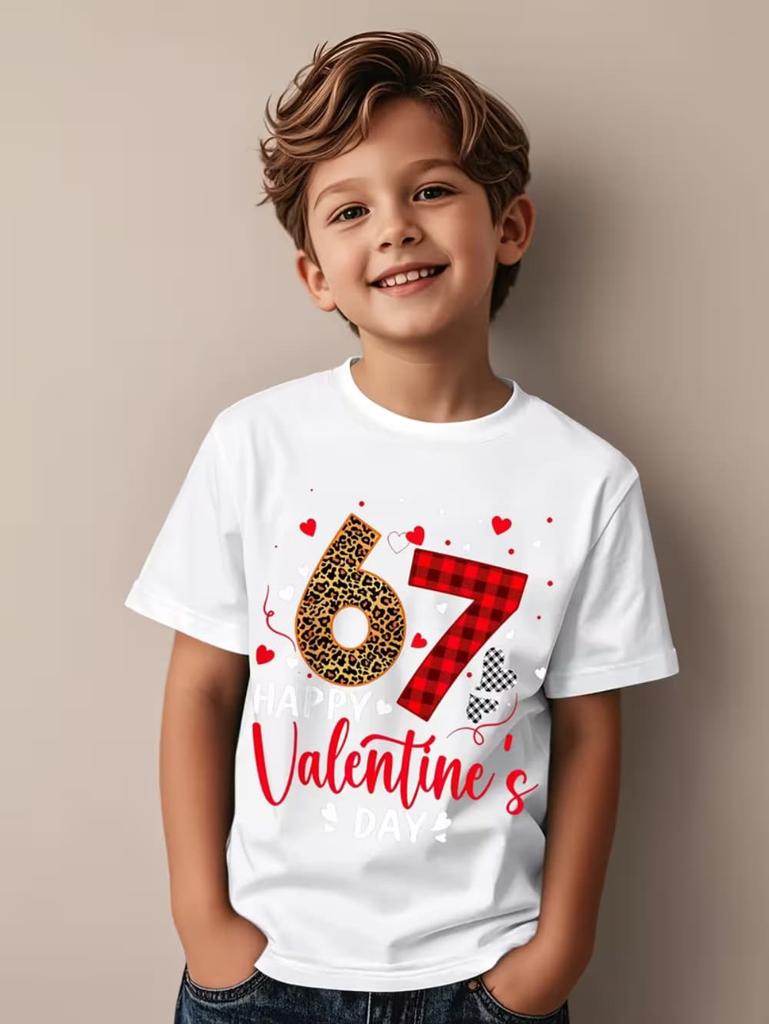 Valentine 67 Six Seven Meme Print T-Shirt 67 Number Round Neck Cute Casual Short Sleeve Comfortable T-Shirt Children's Clothing