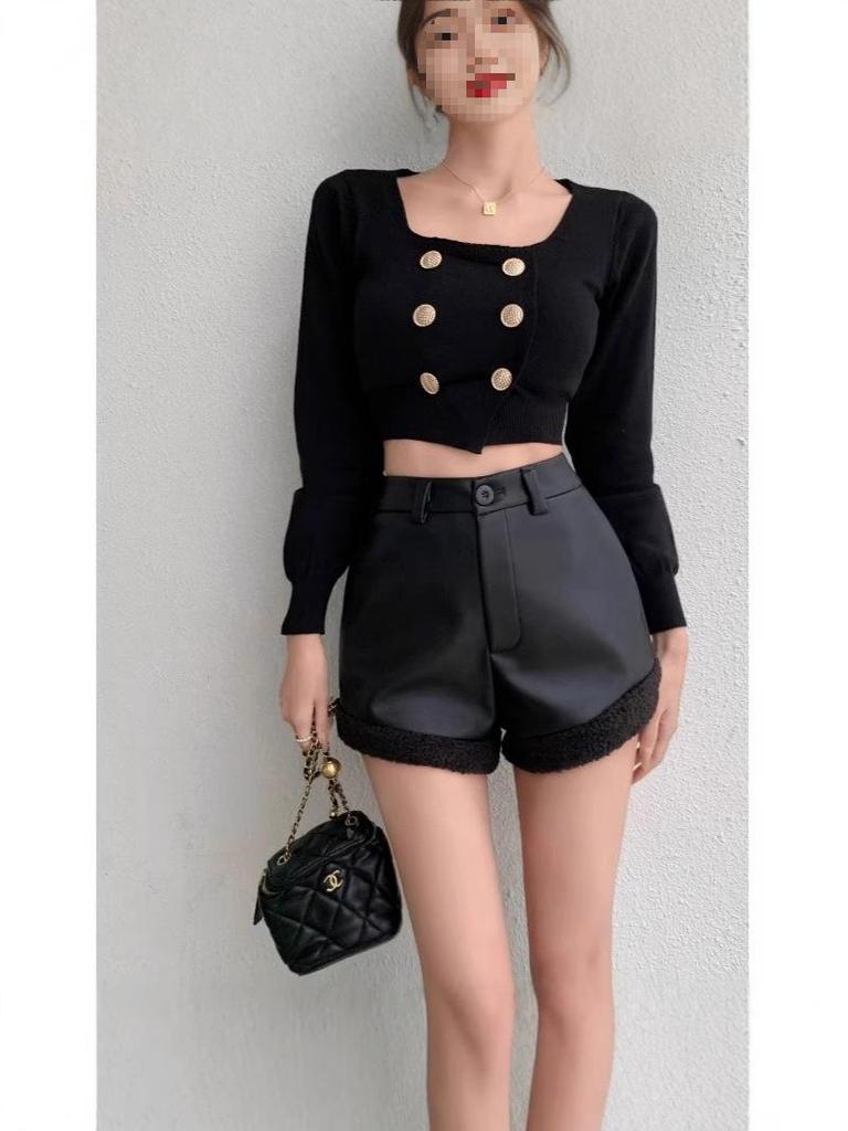 Spicy Girl High Waist Patchwork Slimming PU Leather Shorts - Autumn/Winter Style
