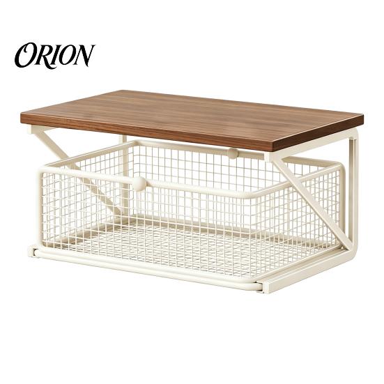 Dust Proof Storage Drawer Coffee Station Organizer with Drawer, Tiered Bar Organizer, Wooden Top Shelf, Small Desktop Furniture Wire Mesh Drawers for