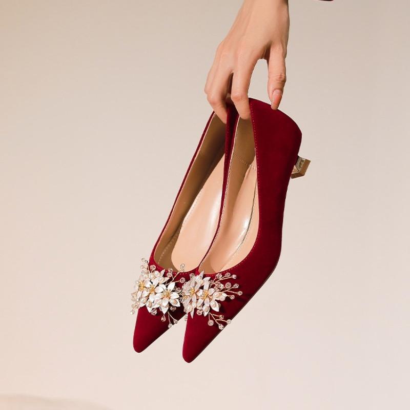 Fashion Stylish New Pointed Toe Shallow Suede Flower Slip-on Non-slip Wear-resistant Low-heel Wedding Shoes