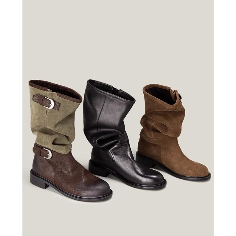 2025 новый оригинальный дизайн ретро металлическая пряжка круглый носок длинный голенище ботфорты на толстом каблуке рыцарский тренд ботинки средней длины