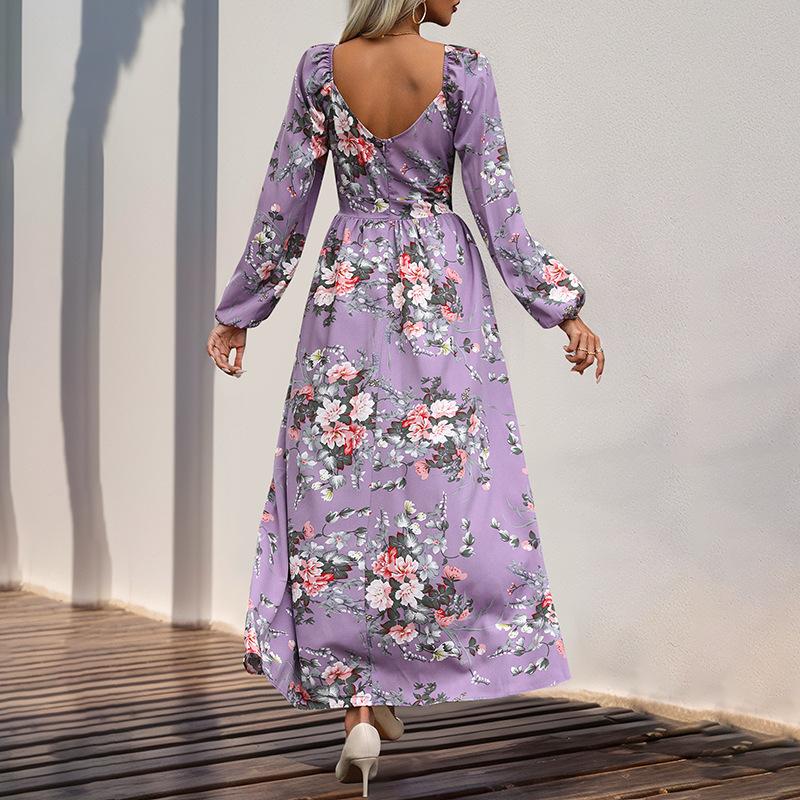 YYFS Women's Fashion Spring Fall Flower Pattern Print Long Sleeve V-Neck High Waist Casual Dresses