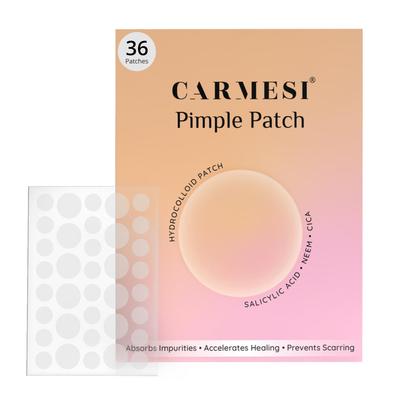 Пластыри от прыщей Carmesi для лица | 36 гидроколлоидных пластырей от прыщей | 2% по массе салициловой кислоты, нима, цика | Помогают уменьшить прыщи, покраснение и раздражение | А