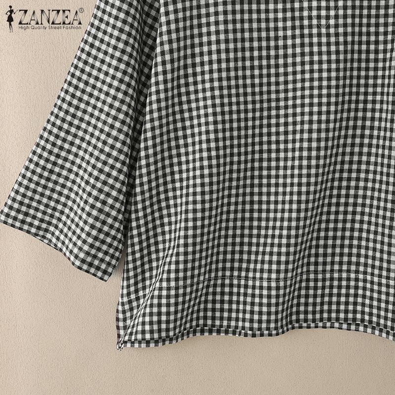 ZANZEA Женская повседневная блузка с V-образным вырезом, рукавами 3/4 и свободным кроем, в клетку