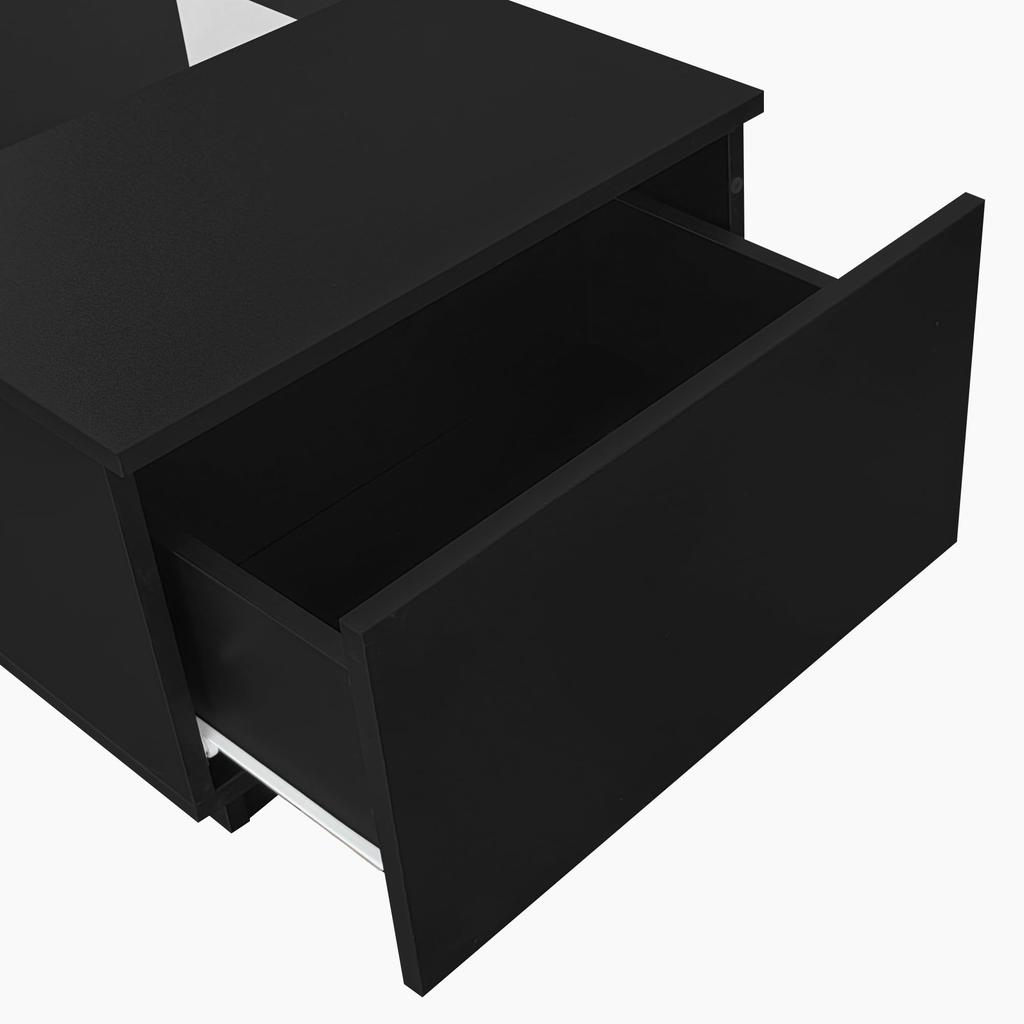 Журнальный столик Flieks 100x50x35,5 см – со стеклянной облицовкой, LED-подсветкой, управлением через приложение, 2 ящиками и 1 открытой полкой