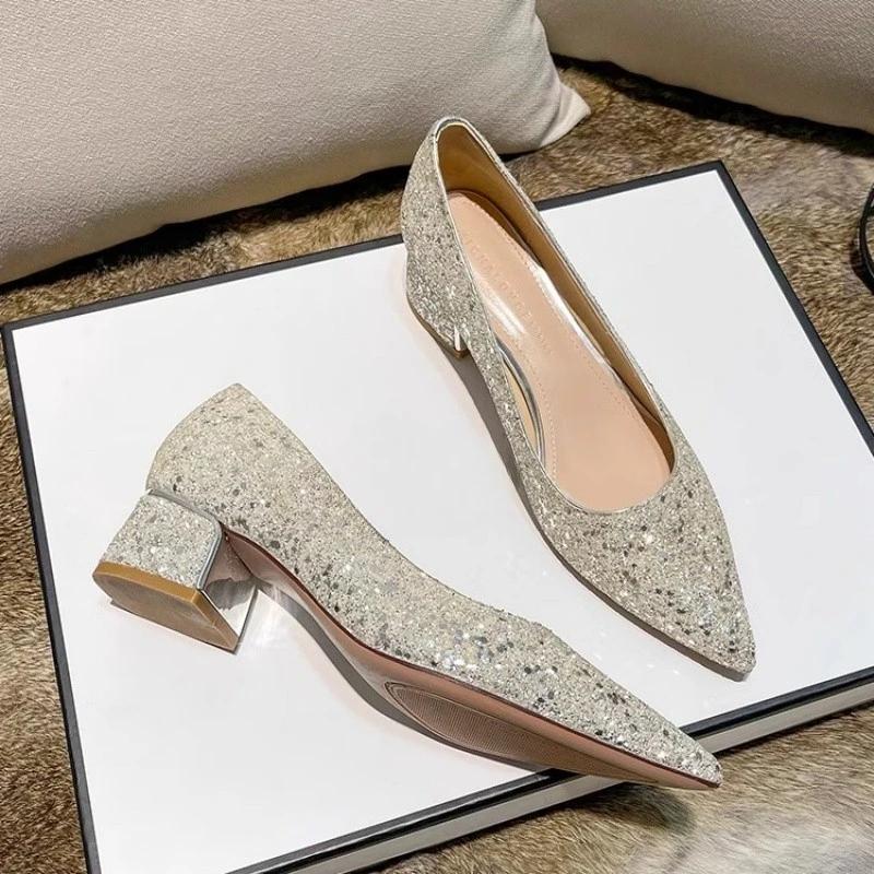 Women Pumps Sparkly Mid Heels Party Shoes for Women Sequins Glitter Heels Women Wedding Bridal High Heels Shoes Zapatos De Mujer