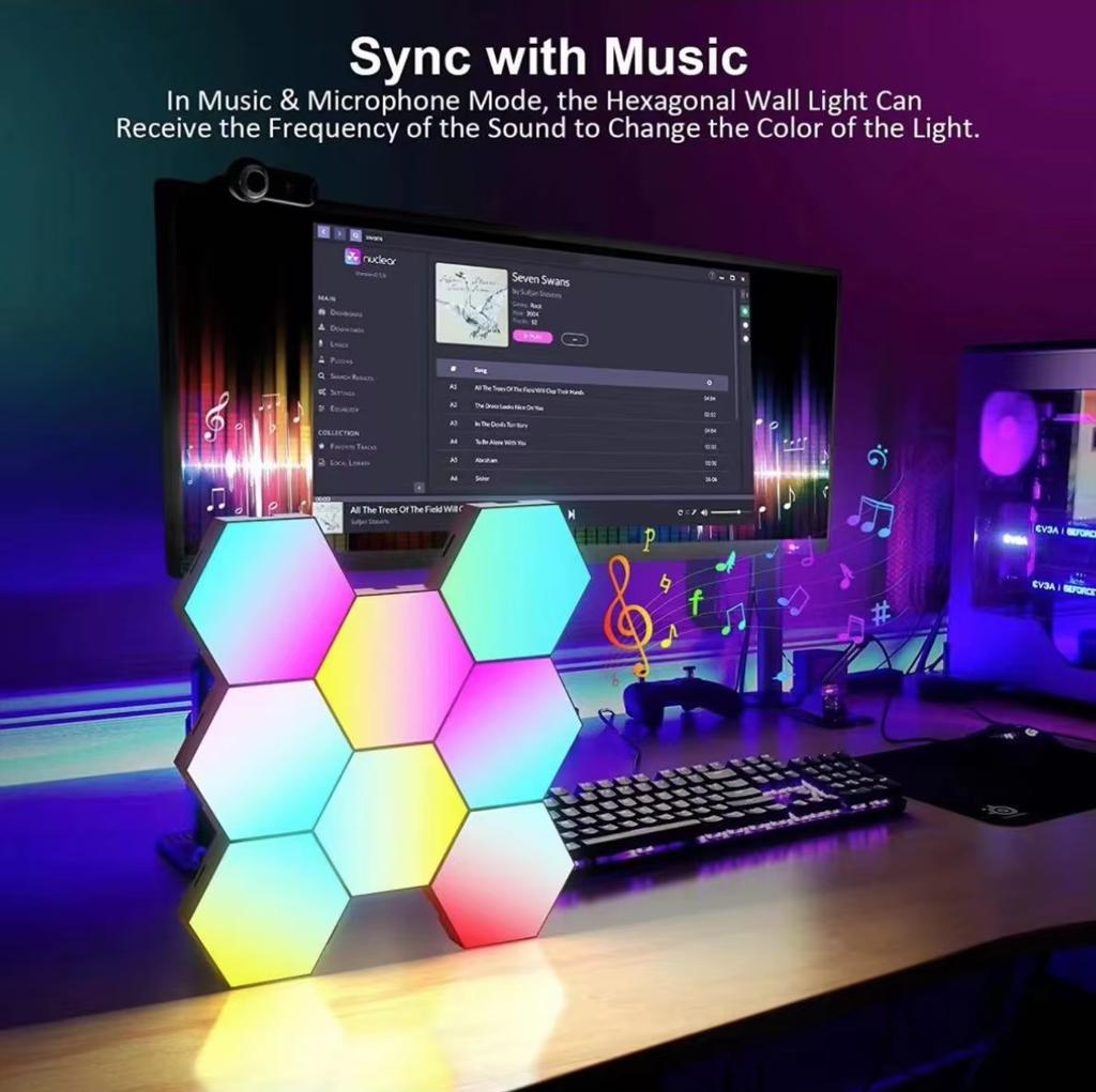 RGB интеллектуальный шестиугольный настенный светильник, меняющий цвет, окружающий ночник DYI, форма, музыкальный ритм, управление через приложение для игровой комнаты, спальни
