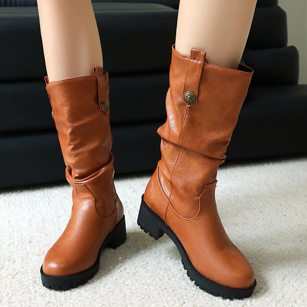 Women's Low-heeled Boots Autumn and Winter New European and American Thick-heeled Large-size Roman Medium Boots