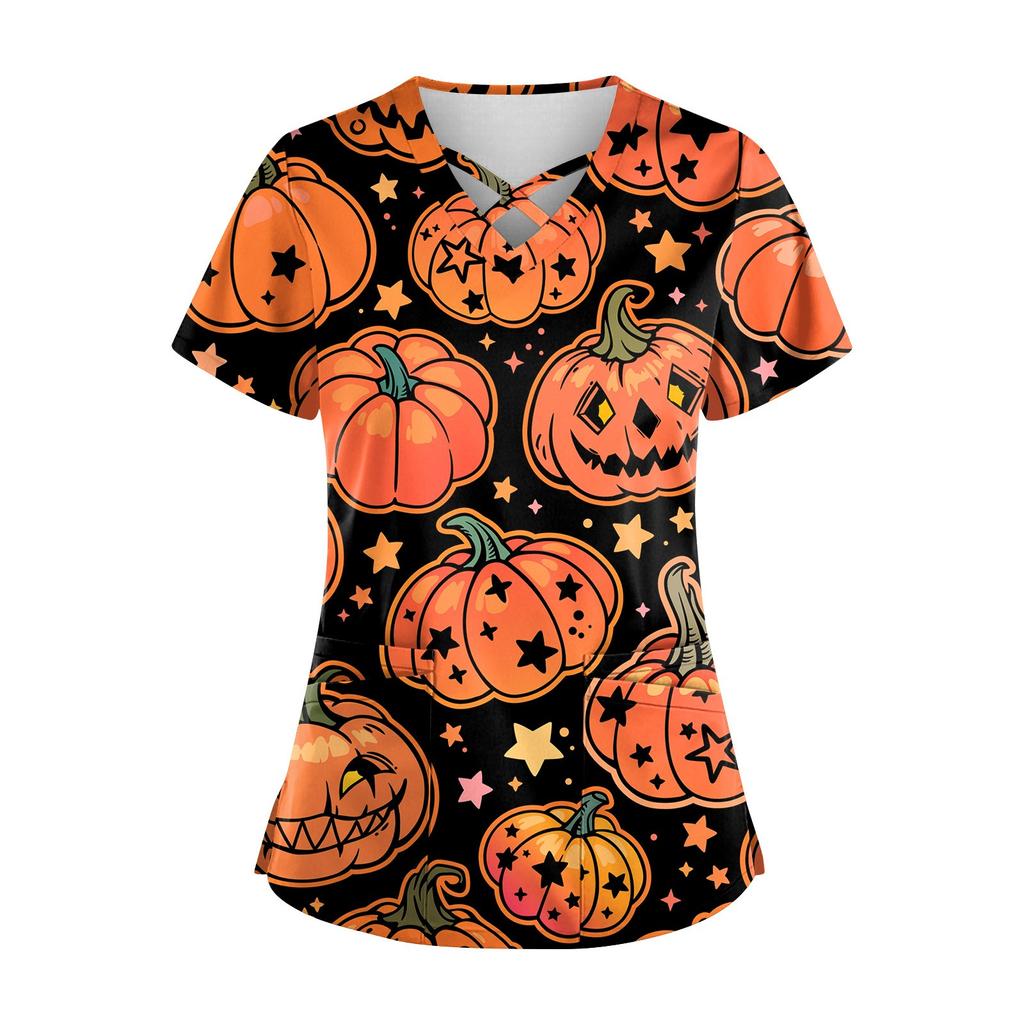 Плюс размерСкраб с принтом Рабочая форма Топы для женщин Крест V-образным вырезом Хэллоуин Принт с короткими рукавами Забавные футболки Спецодежда Футболка с карманами