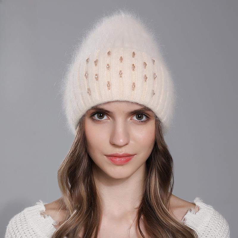 Winter Hat For Women Warm Knitted Angora Rabbit Fur Beanies Fashion With Bead Hats Female High Quality Casual Luxury Cap