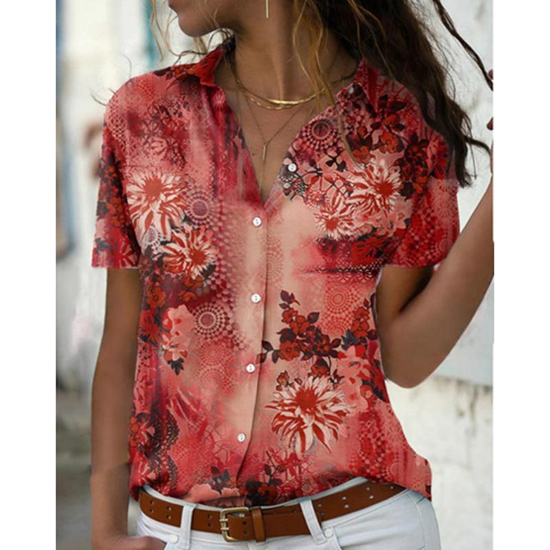 Летние новые повседневные свободные блузки с коротким рукавом с принтом, женские облегающие топы, модные рубашки больших размеров для женщин, винтажная женская рубашка с пуговицами и лацканами 26619