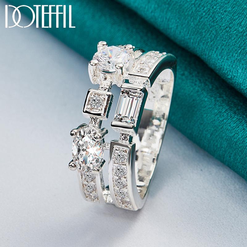 925 Sterling Silver Round Square AAA Zircon Ring Fashion Wedding Jewelry