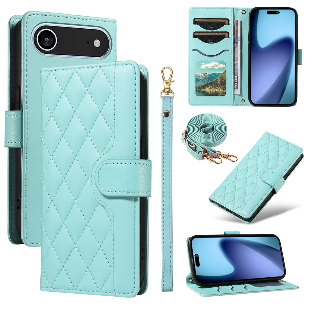 For iPhone 17 Air Wallet Case Rhombus Leather Phone Cover with Strap