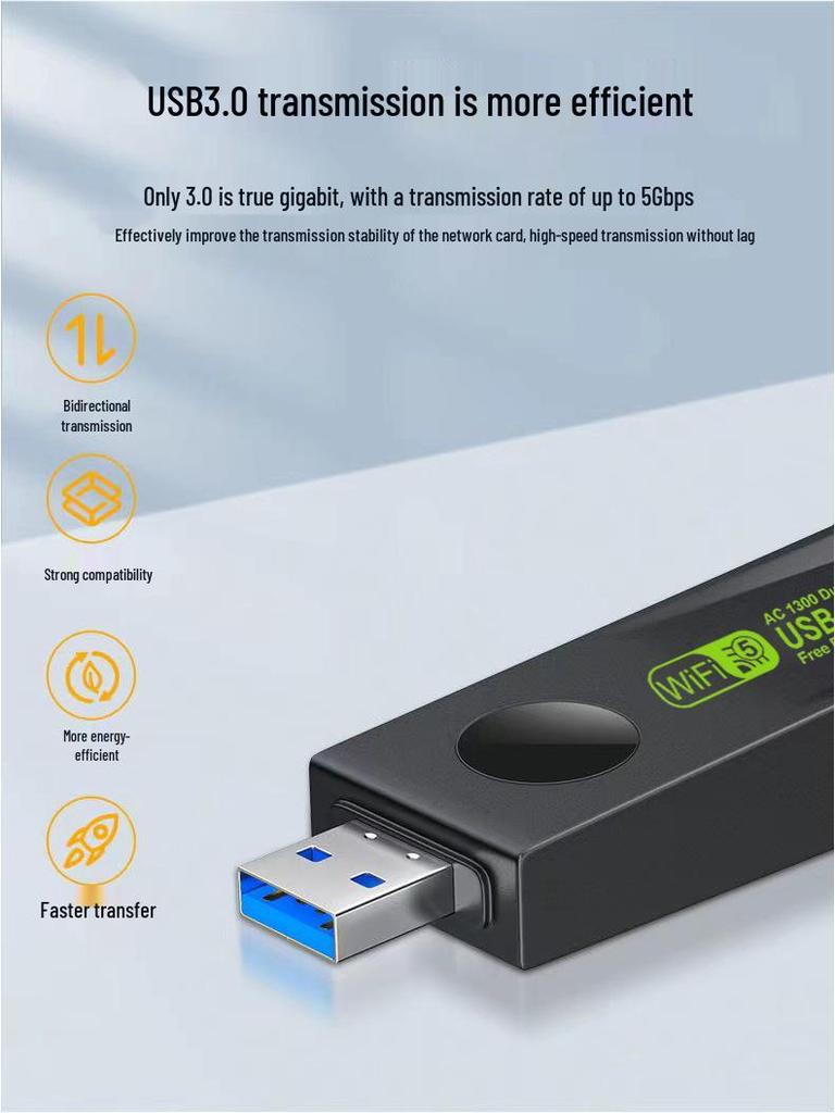 Двухдиапазонный беспроводной сетевой адаптер 1300M 5G - Plug & Play для ноутбука/настольного компьютера