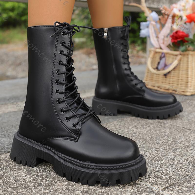 Fashion Comemore Fashion Black PU Leather Mid Calf Boots Women Thick Sole Black Boots Woman Autumn Winter Lace Up Platform Botas Mujer