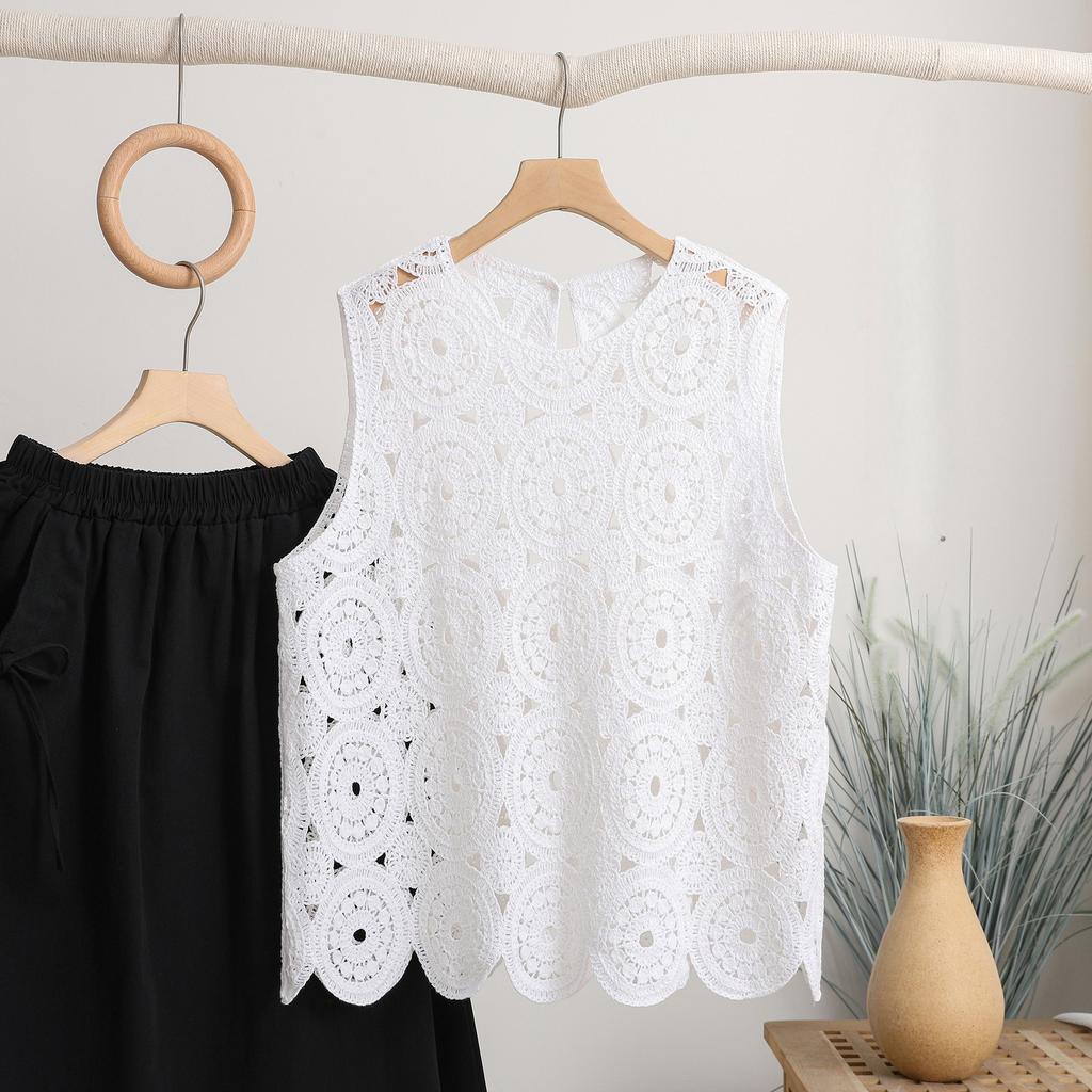 Dimanaf 2025 Новая футболка женская трикотажная кружевная жилетка без рукавов с круглым вырезом ажурная летняя стильная базовая футболка свободная красная одежда